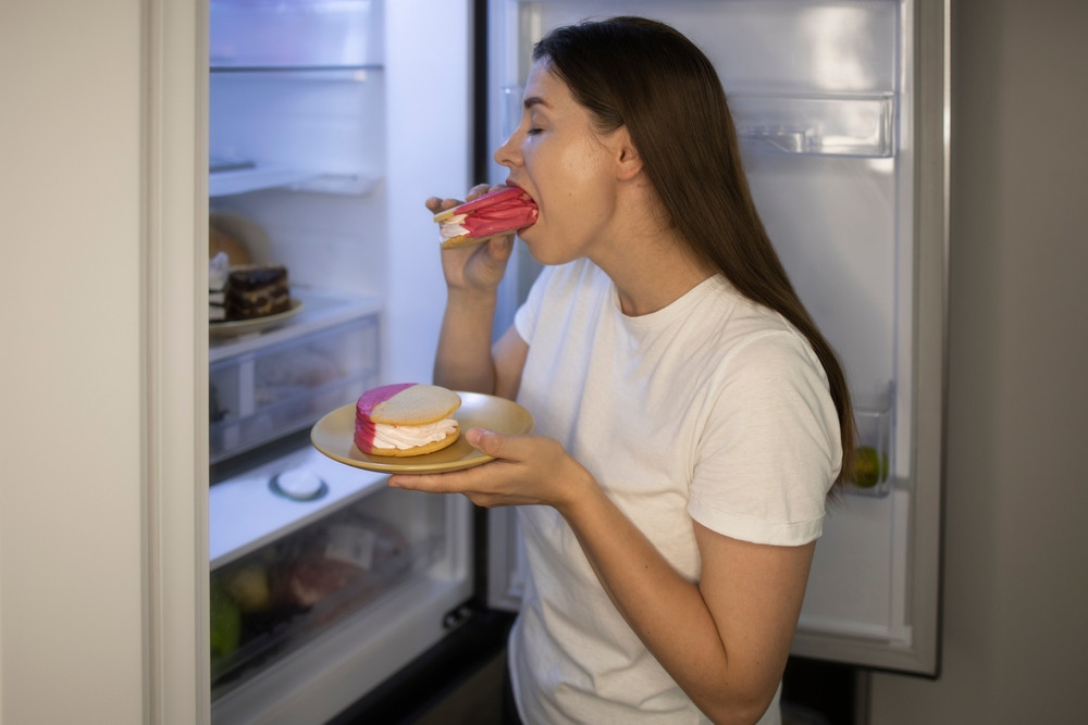 Femme qui mange des gâteaux devant son frigo