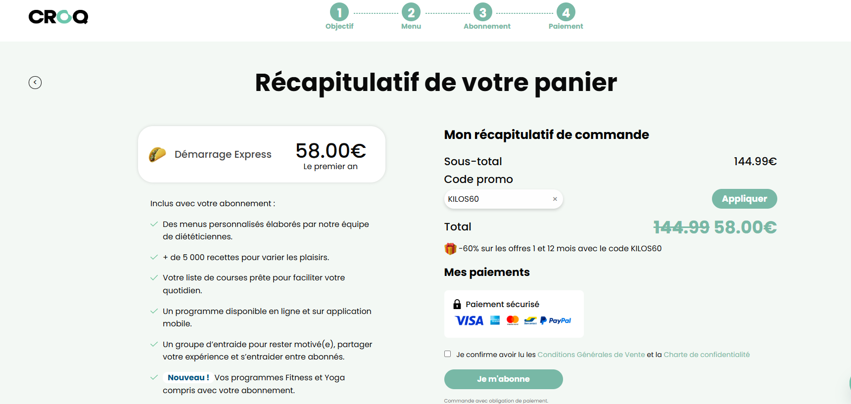 Page panier code promo