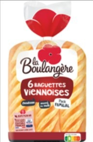 ALERTE RAPPEL – 6 Baguettes viennoises La Boulangère : risque de corps étrangers (verre, métal, plastique)