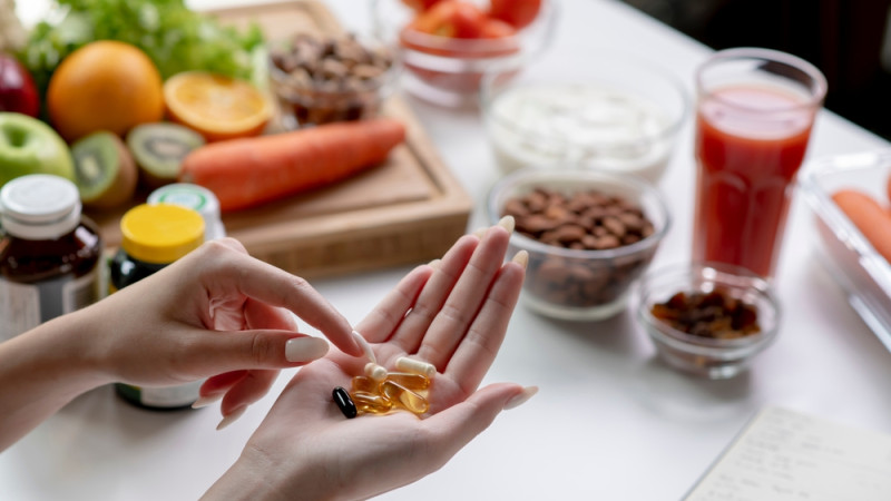 Femme qui tient des compléments alimentaires dans sa main