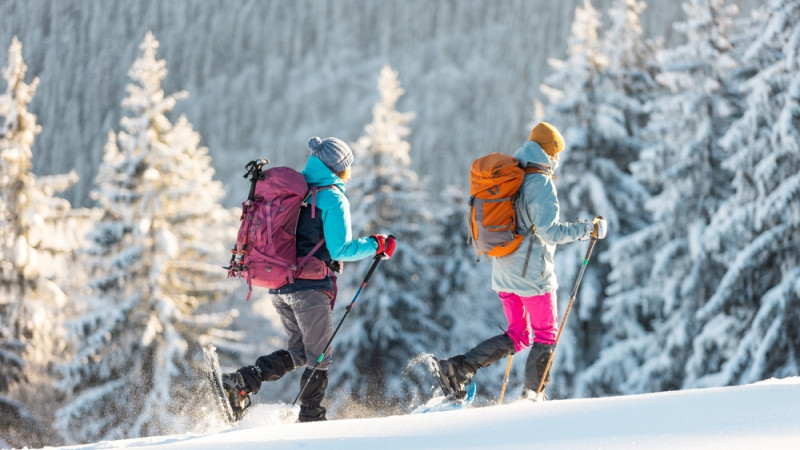 femmes qui se promènent en raquettes