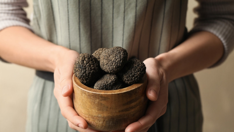 femme tenant un bol de truffes