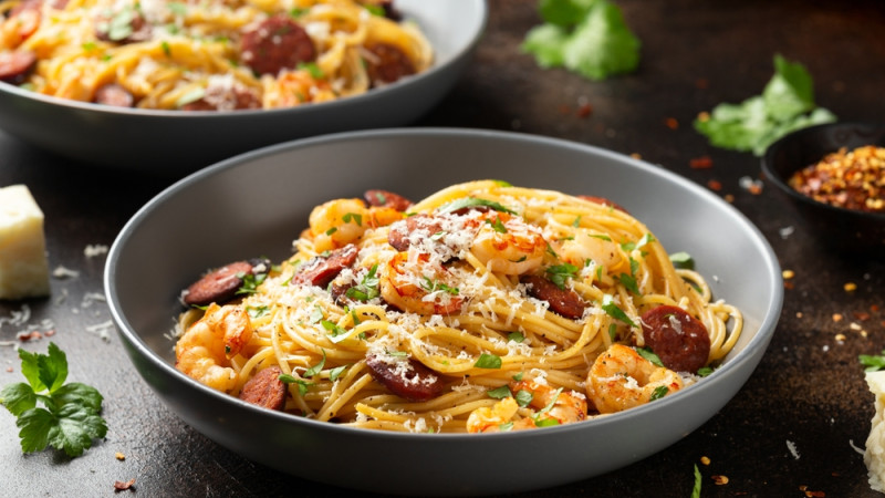 Pâtes gambas chorizo