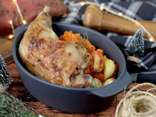 Purée de patate douce et dinde rôtie