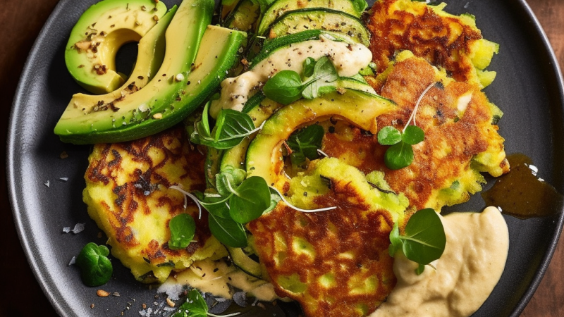 Beignet de courgette, avocat et halloumi