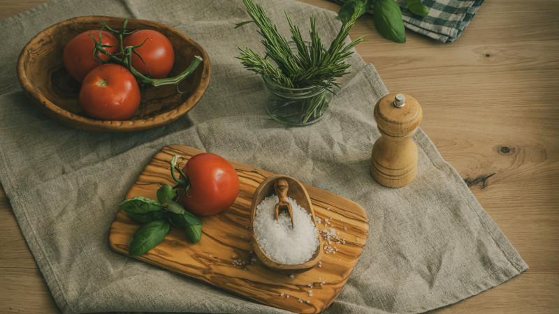 Un aménagement de cuisine rustique avec des tomates fraîches, des herbes et du sel grossier sur une table en bois.