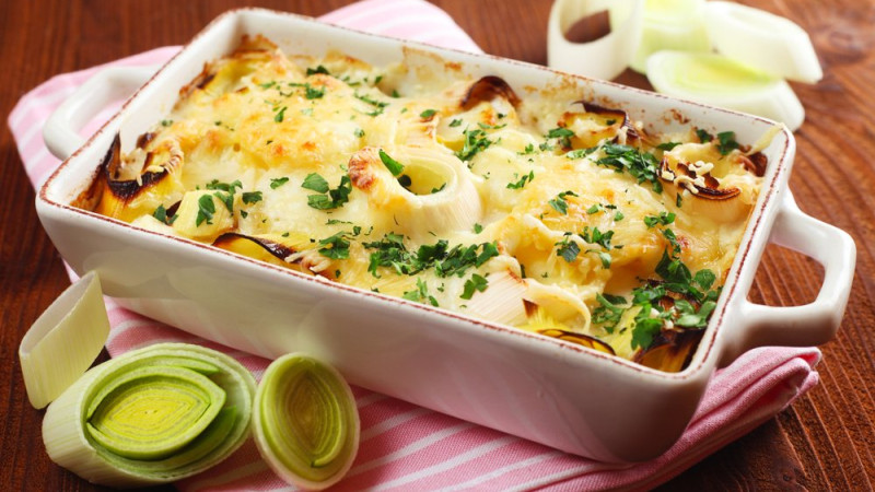 Gratin de poireaux au jambon cru