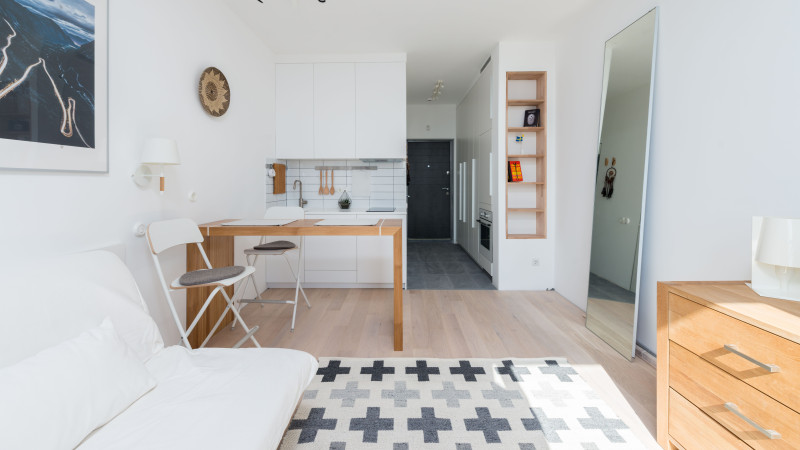 Intérieur d'appartement moderne lumineux avec un design minimaliste, présentant un espace de vie confortable et une décoration fonctionnelle.