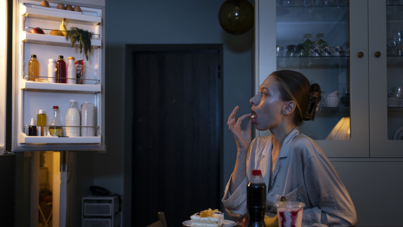 Femme regardant dans le frigo coup moyen
