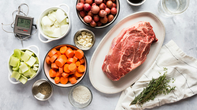 All the ingredients required for a delicious pot roasted beef dinner.