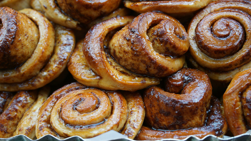 Close up of luscious fresh cinnamon rolls at the market