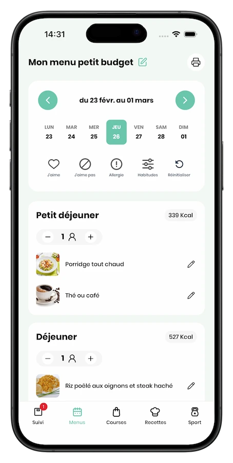 Application Croq-Kilos : mon menu
